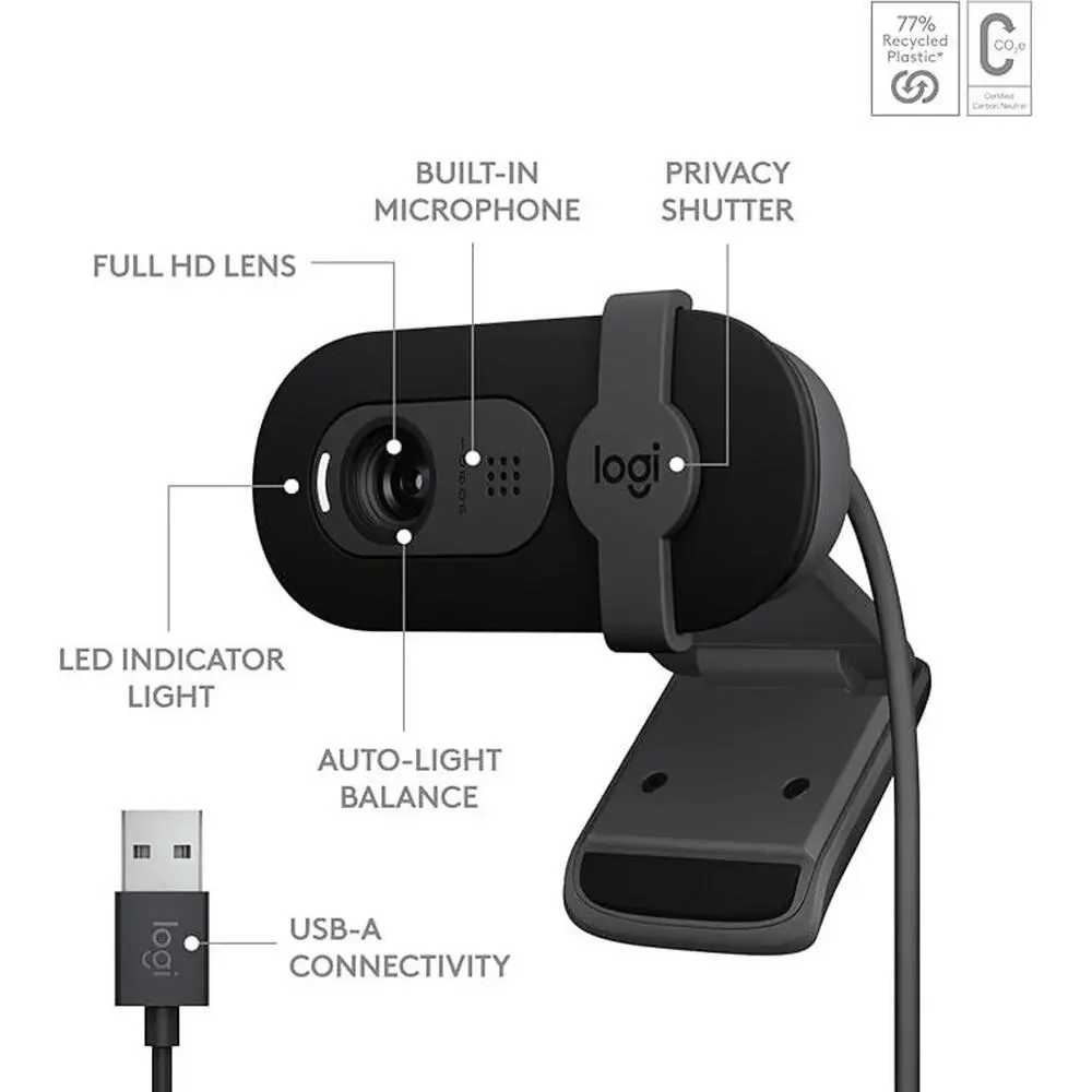 Logitech Brio 101 HD Webcam - 1080p, Light Correction, Privacy Shutter, USB-A